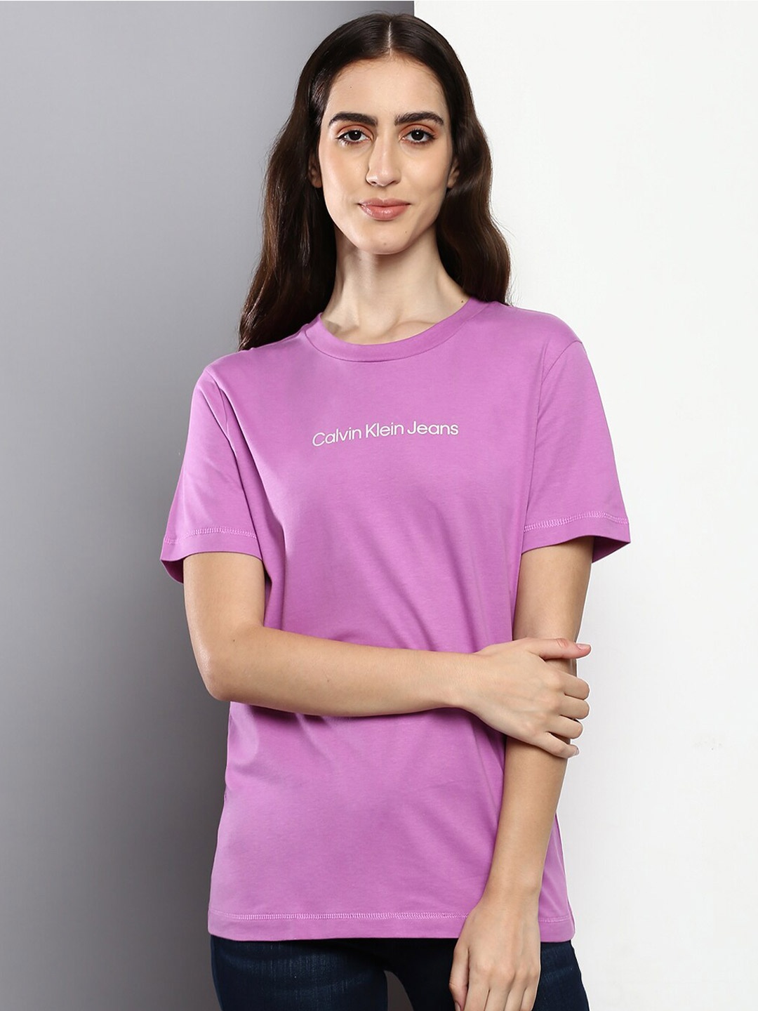 Calvin Klein Jeans Women Typography Printed Cotton T-shirt, Purple