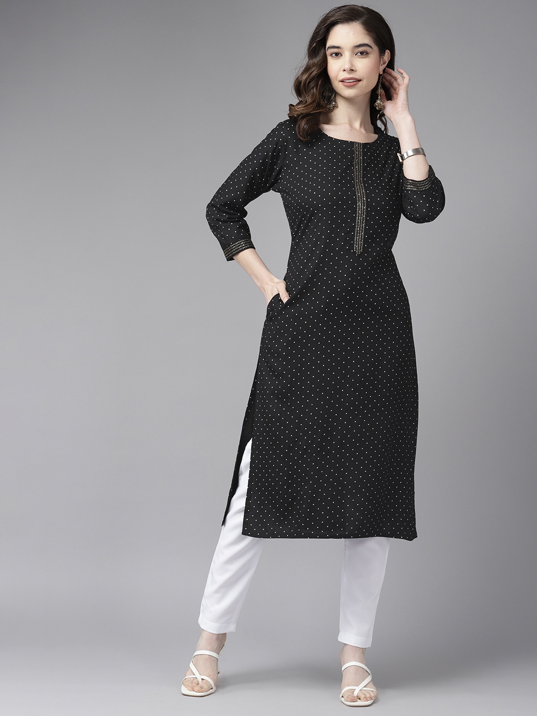 

Aarika Women Polka Dots Printed Sequinned Cotton Kurta, Black