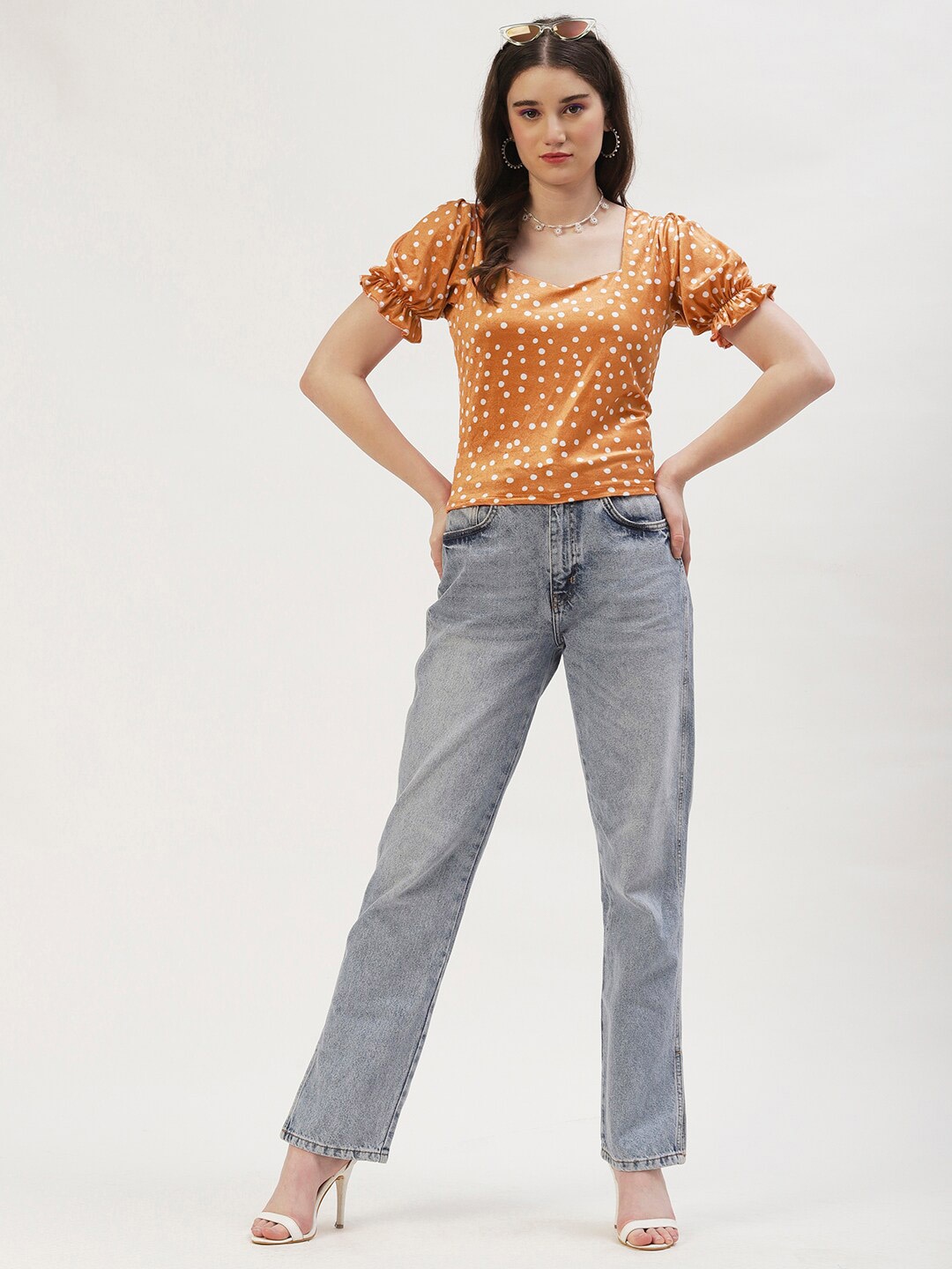 

DressBerry Print Sweetheart Neck Velvet Top, Orange