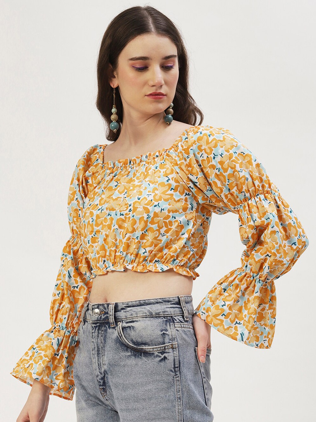 

DressBerry Orange-Coloured Floral Print Square Neck Blouson Crop Top
