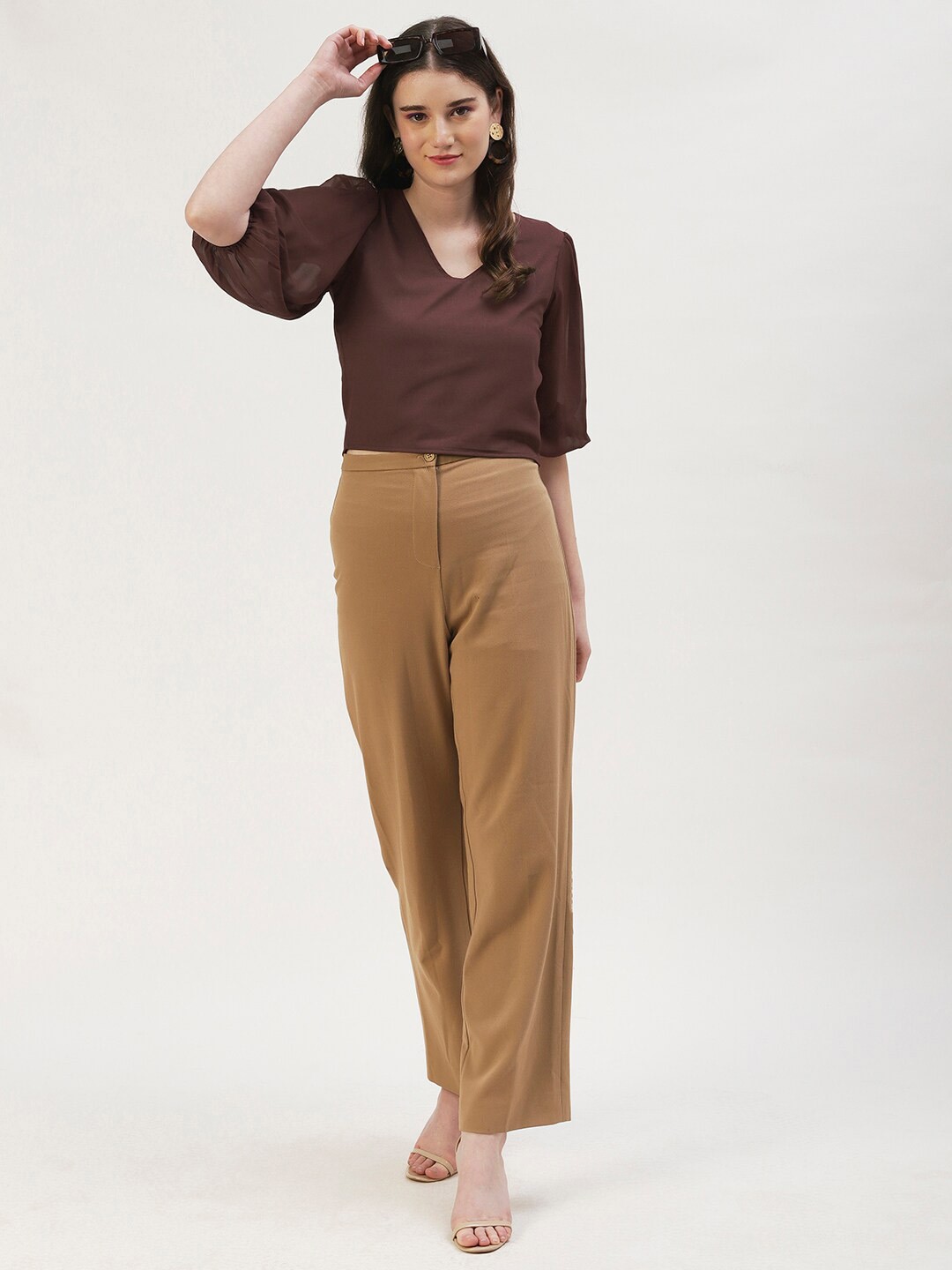 

DressBerry V-Neck Puff Sleeve Top, Brown