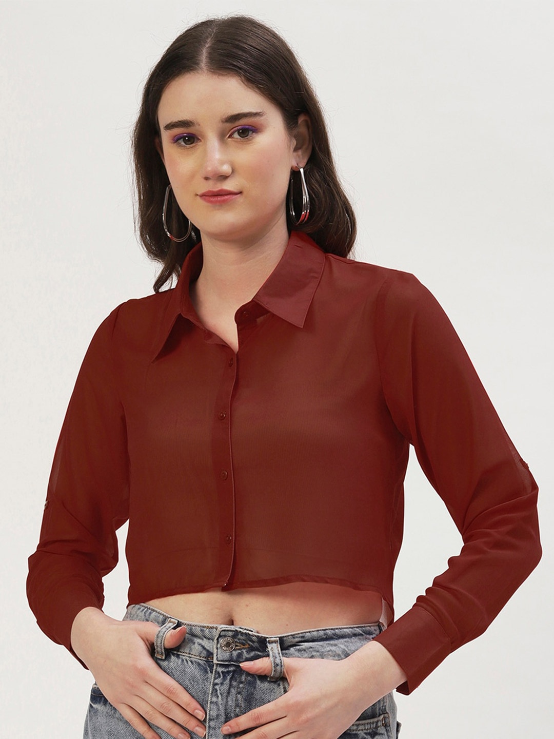 

DressBerry Georgette Shirt Style Crop Top, Maroon