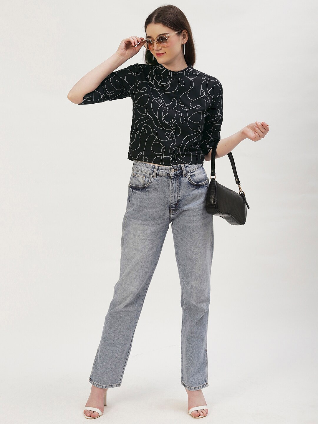 

DressBerry Print Mandarin Collar Top, Black