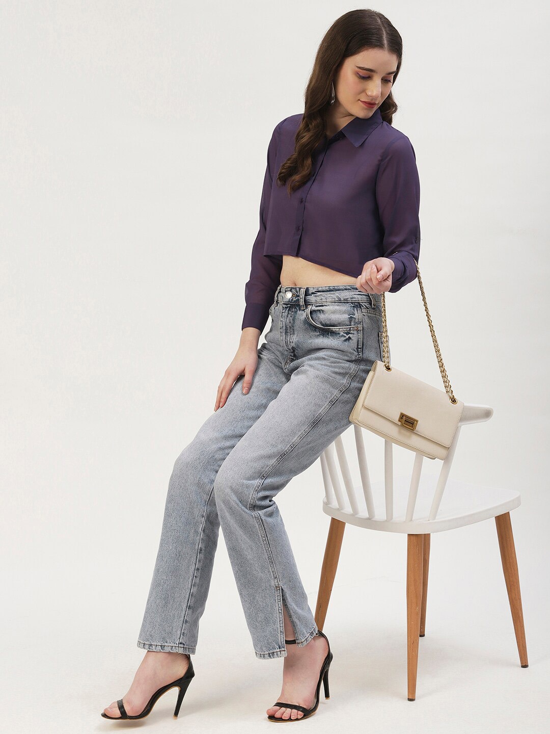 

DressBerry Georgette Shirt Style Crop Top, Purple