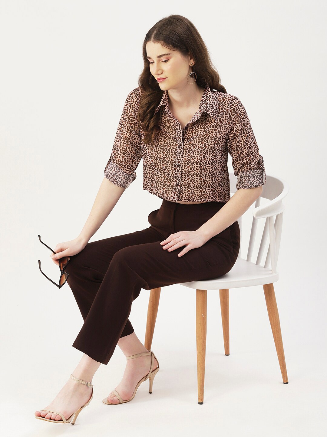 

DressBerry Animal Print Shirt Style Crop Top, Beige