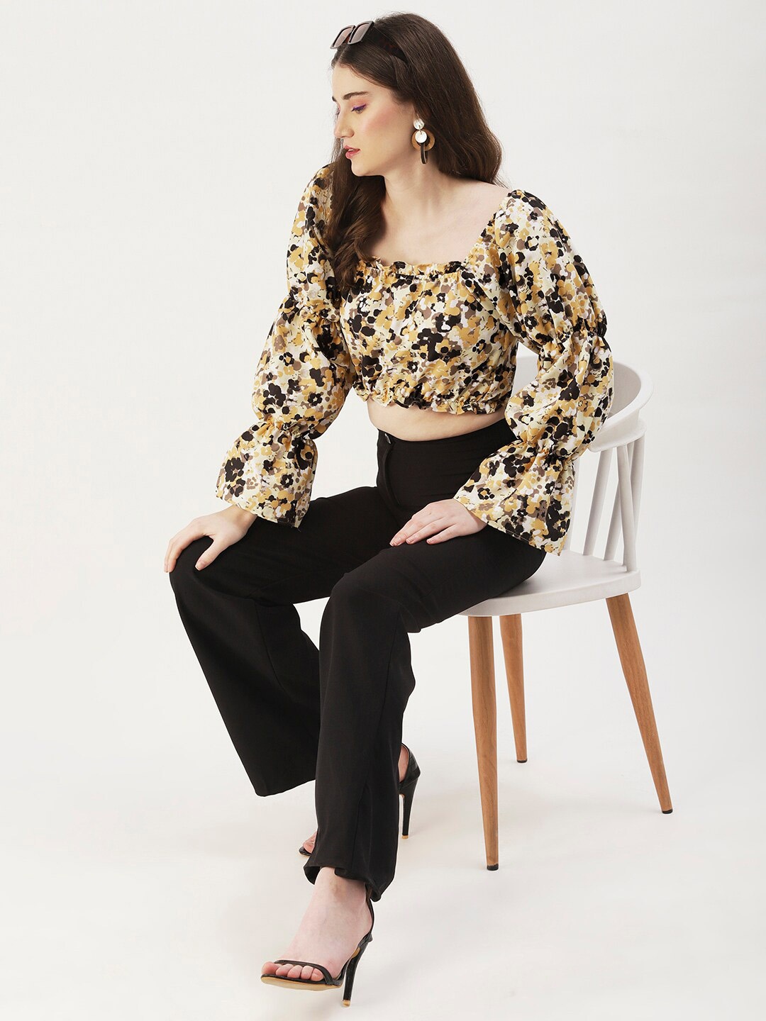 

DressBerry Yellow Floral Printed Square Neck Blouson Crop Top