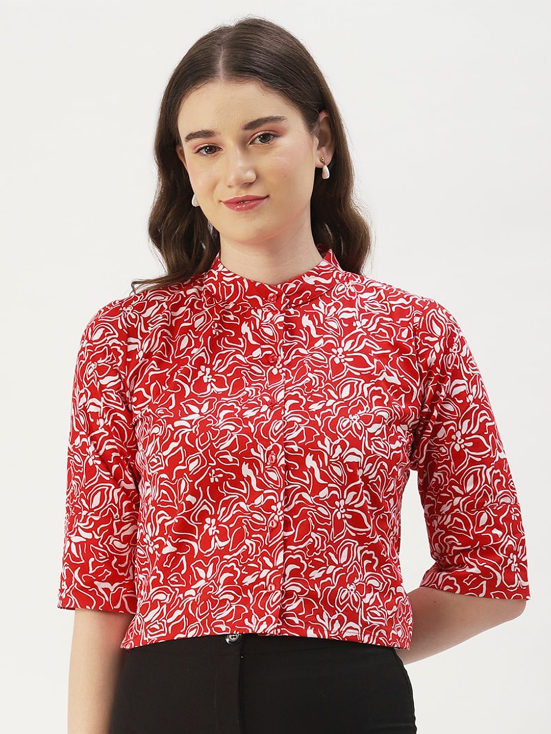 

Dressberry Basics Print Mandarin Collar Top, Red