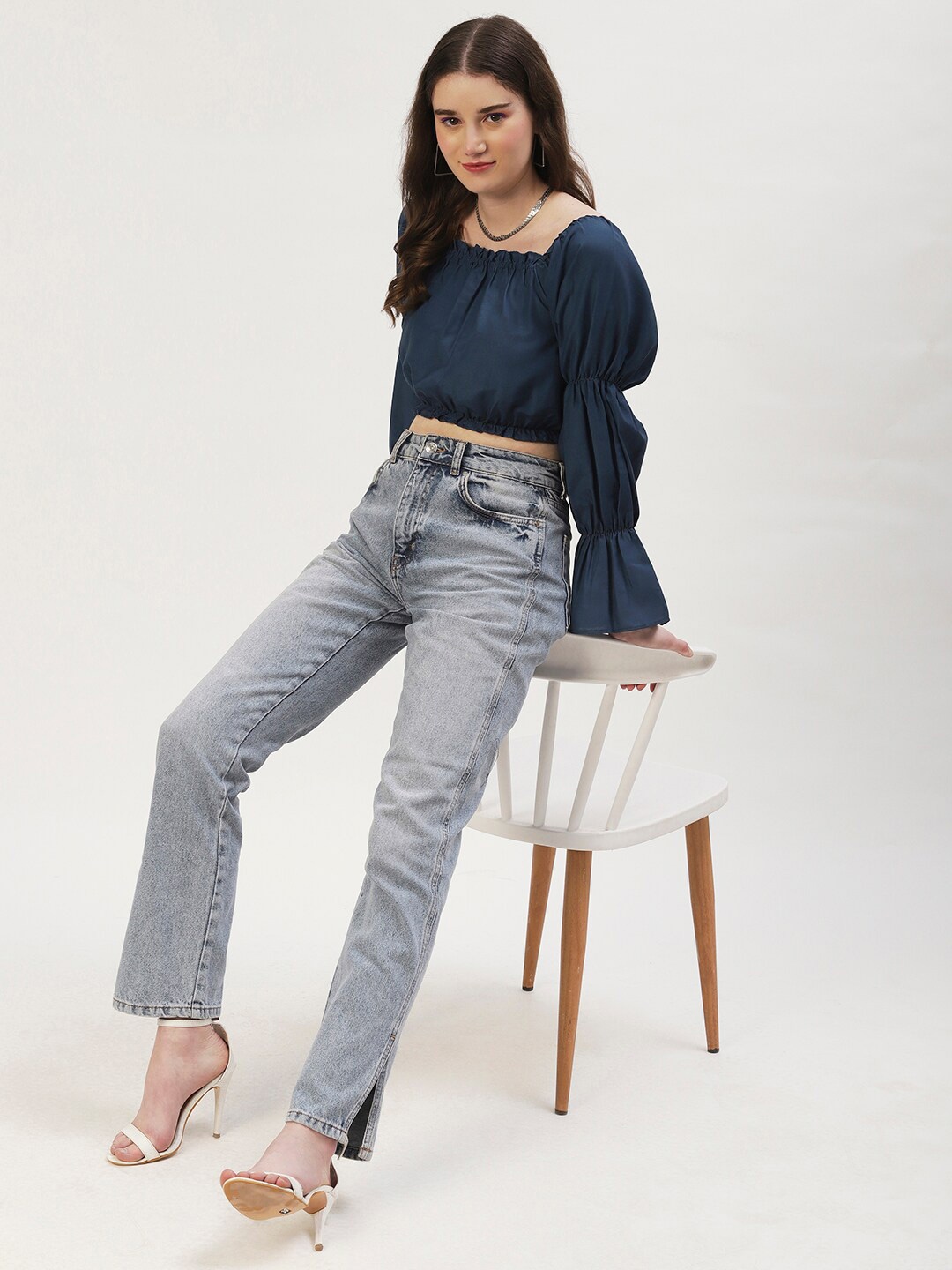 

DressBerry Blue Square Neck Balloon Sleeves Blouson Crop Top