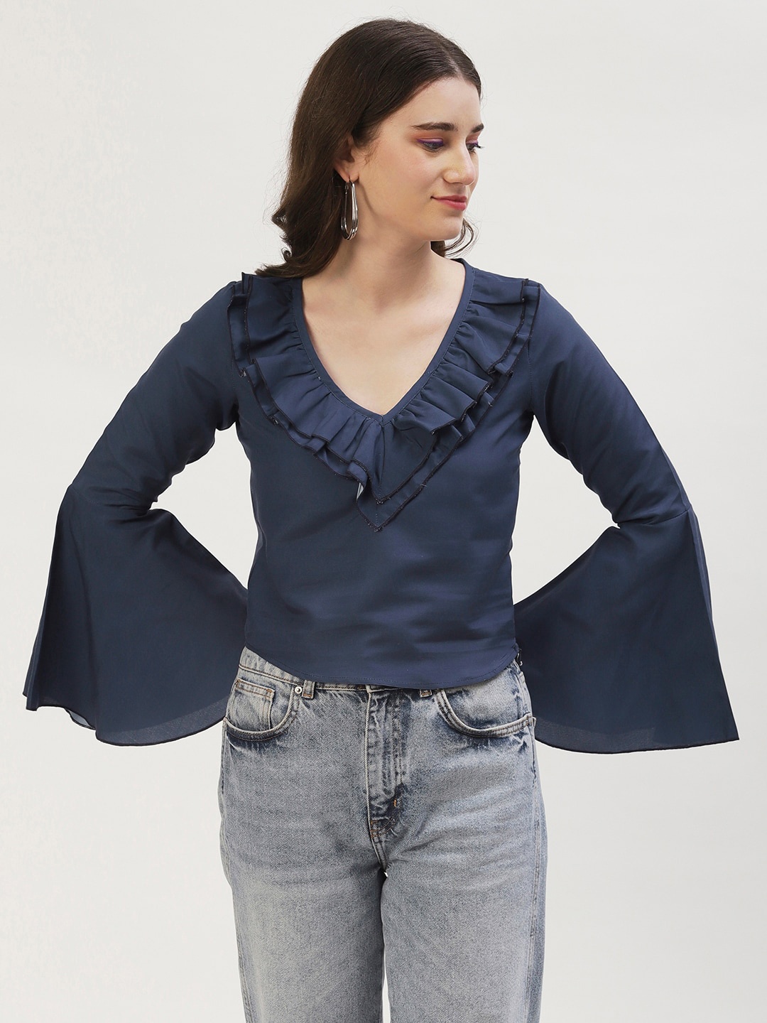 

DressBerry Woman V-neck Bell Sleeve Top, Blue