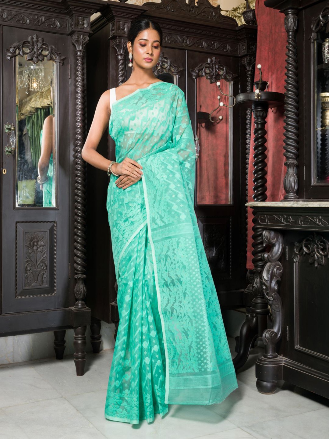 

HERE&NOW Woven Design Jamdani Saree, Sea green