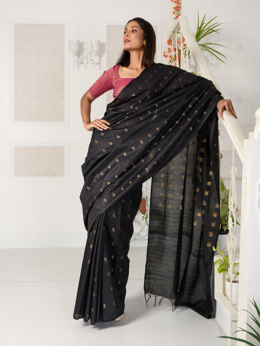 

HERE&NOW Ethnic Motifs Bhagalpuri Saree, Black