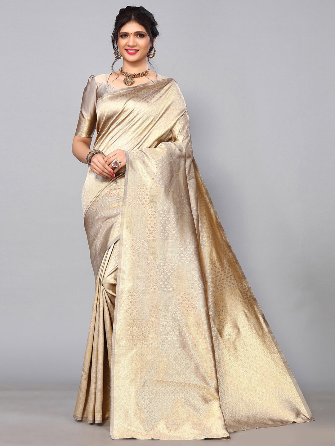 

Mitera Brown & Gold-Toned Woven Design Zari Saree