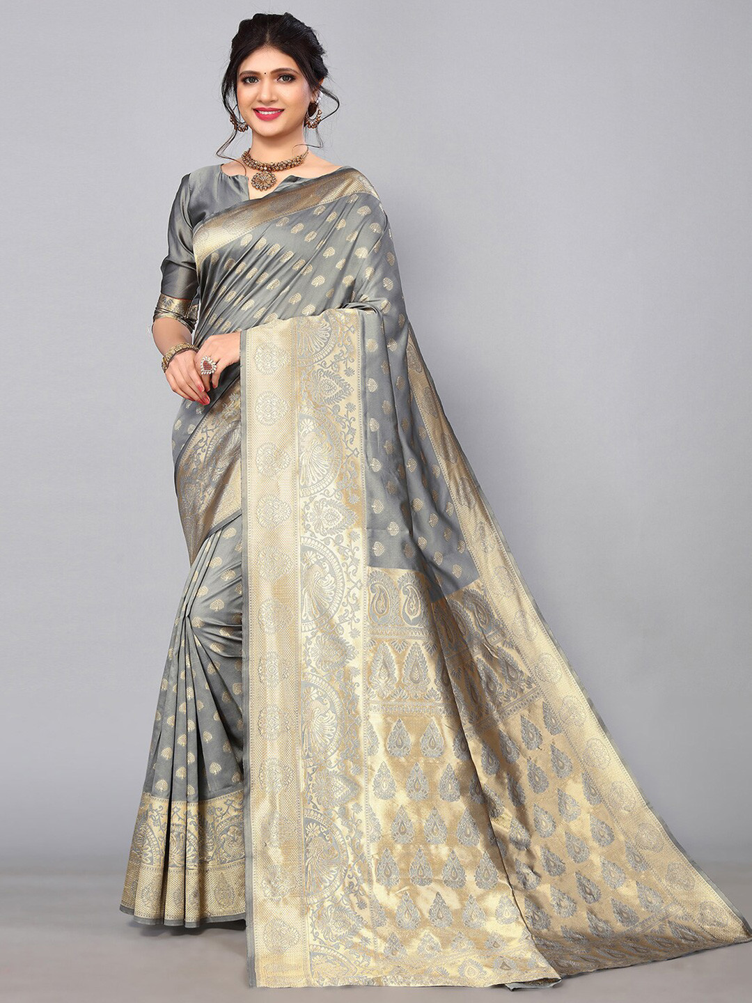 

Mitera Ethnic Motifs Zari Banarasi Saree, Grey