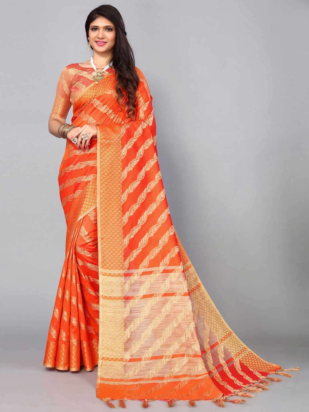 

Mitera Woven Design Zari Silk Cotton Saree, Orange