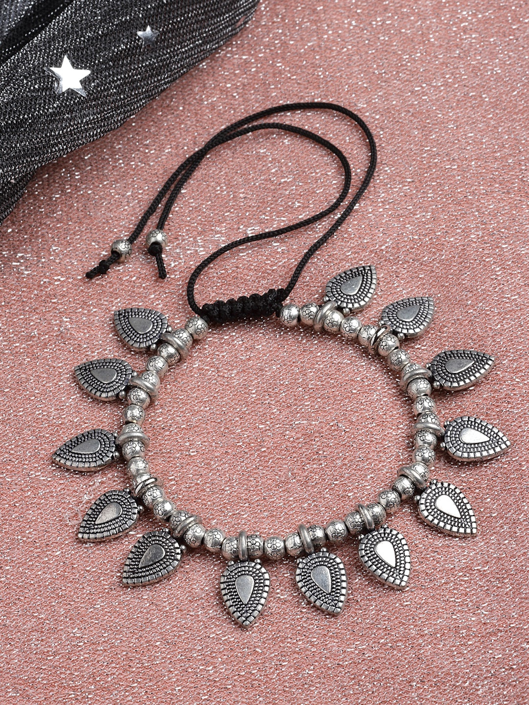

PANASH Oxidised Silver-Toned Leaf Shaped Charm Bracelet