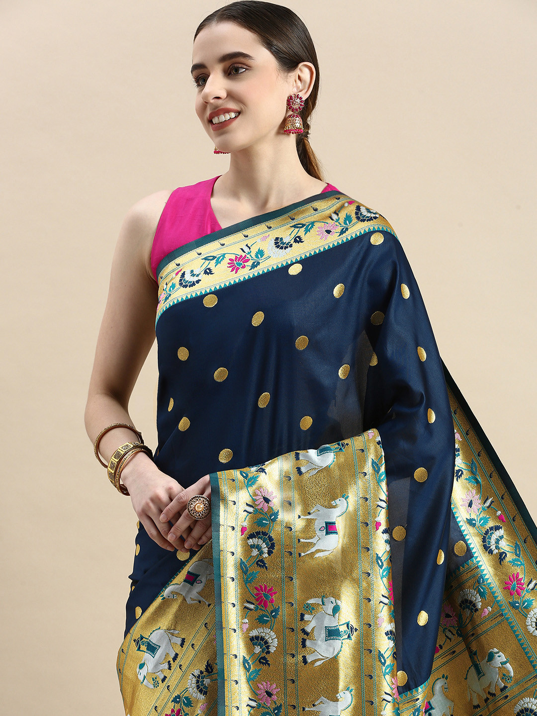 

VISHNU WEAVES Woven Design Zari Pure Silk Banarasi Saree, Navy blue
