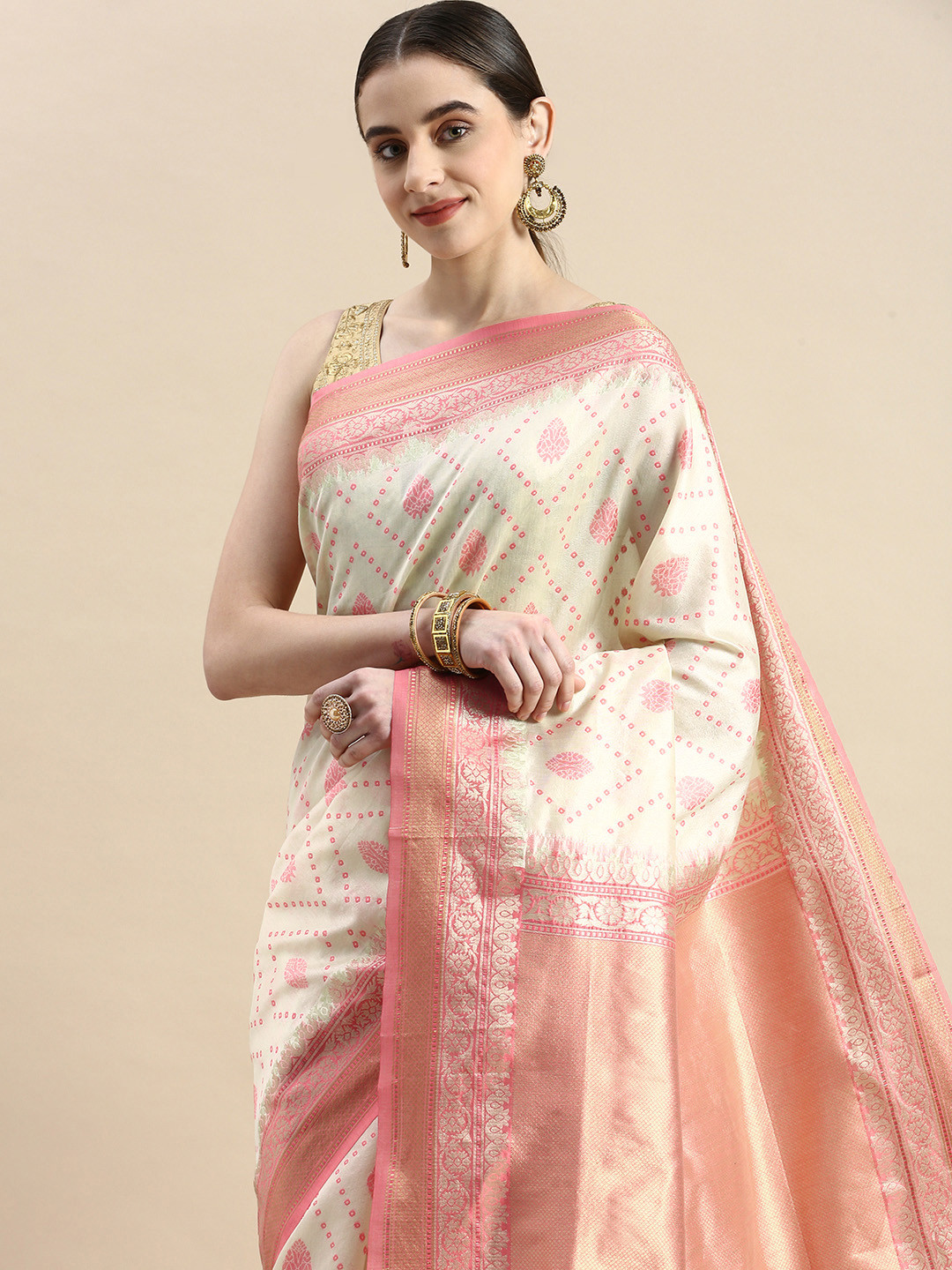 

VISHNU WEAVES Woven Design Zari Linen Blend Bandhani Saree, White