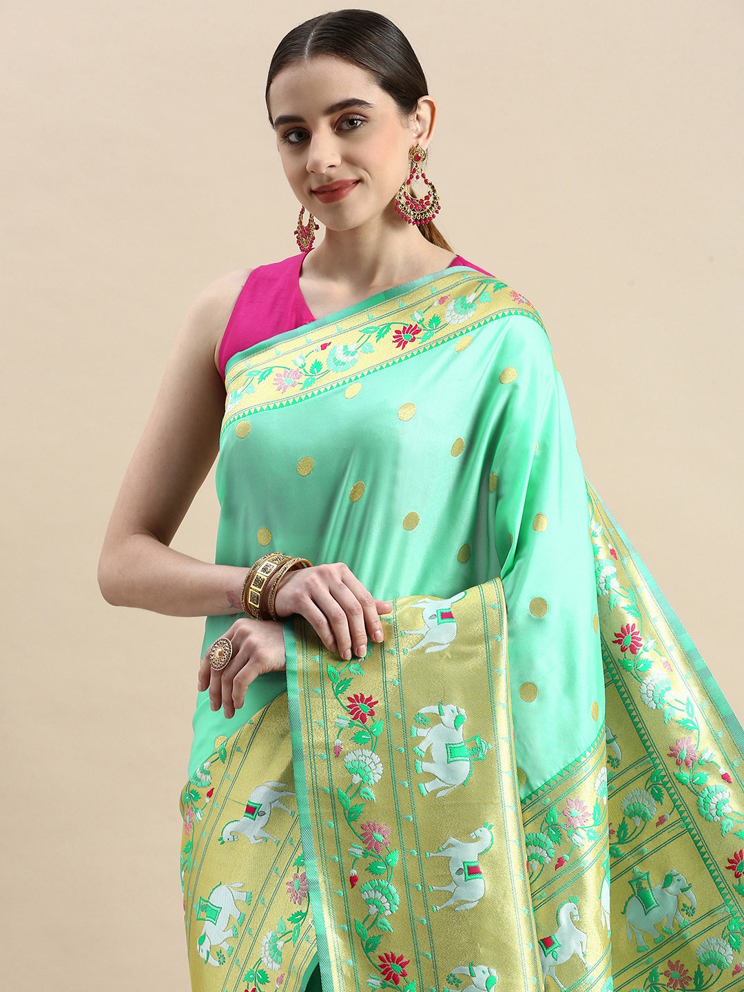 

VISHNU WEAVES Woven Design Zari Pure Silk Banarasi Saree, Sea green