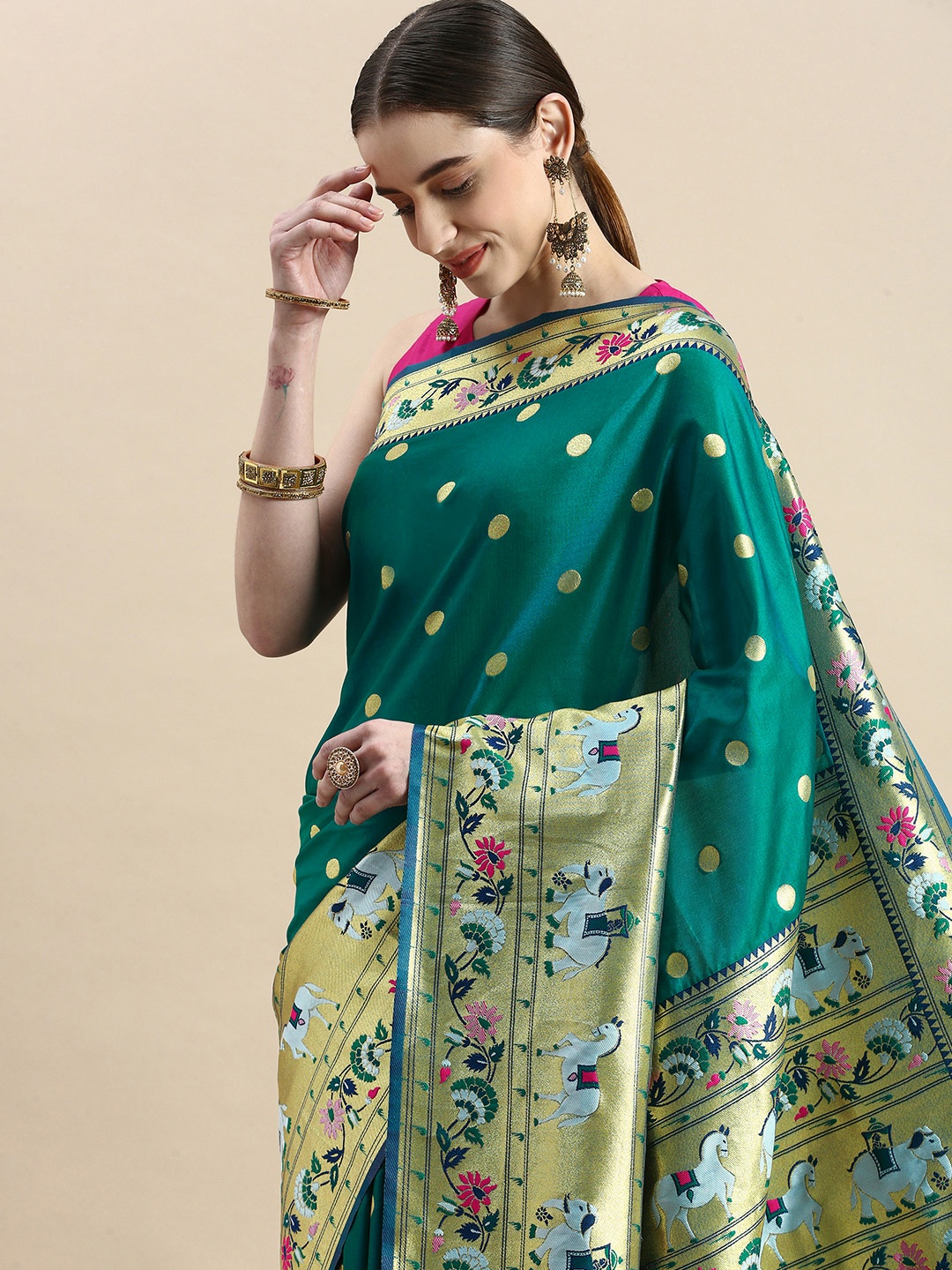 

VISHNU WEAVES Woven Design Zari Pure Silk Banarasi Saree, Teal