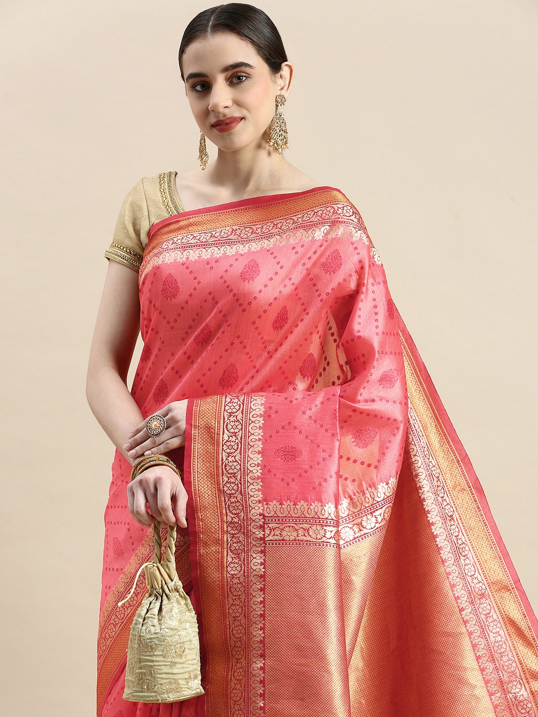 

VISHNU WEAVES Woven Design Zari Linen Blend Bandhani Saree, Pink