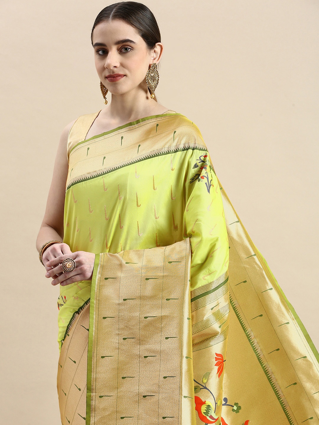 

VISHNU WEAVES Woven Design Ethnic Motifs Zari Pure Silk Banarasi Saree, Lime green