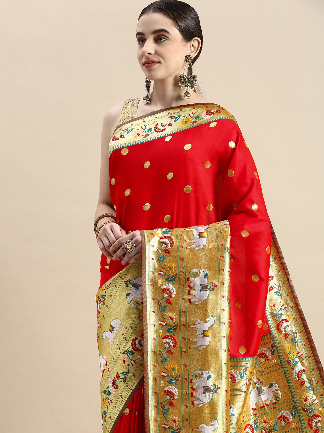 

VISHNU WEAVES Woven Design Zari Pure Silk Banarasi Saree, Red