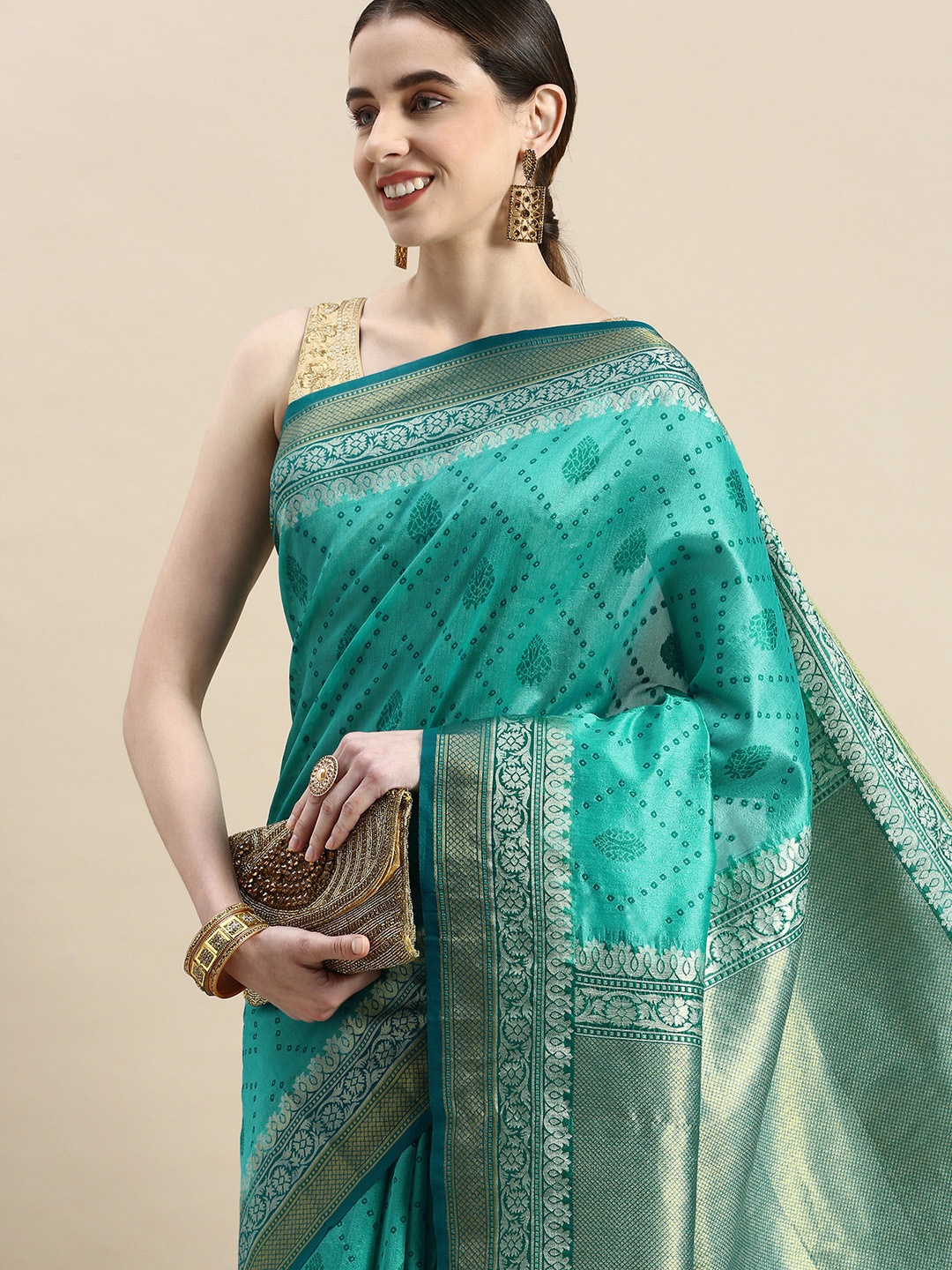 

VISHNU WEAVES Woven Design Zari Linen Blend Bandhani Saree, Blue
