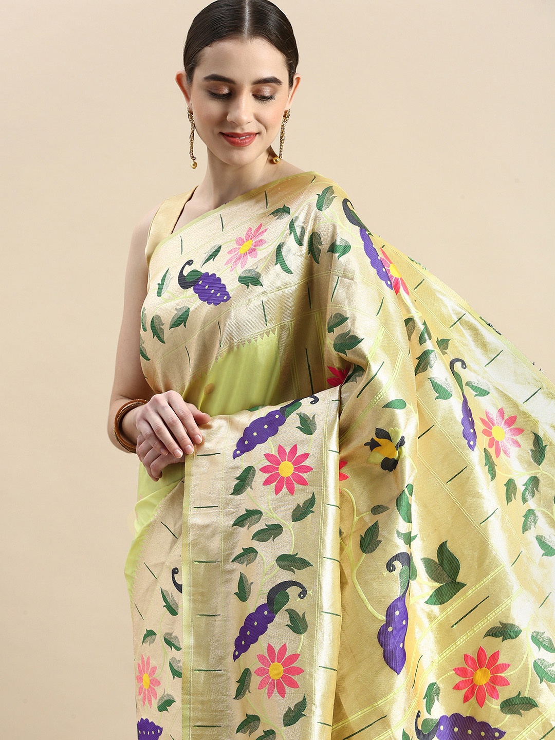 

VISHNU WEAVES Woven Design Ethnic Motifs Zari Pure Silk Banarasi Saree, Lime green