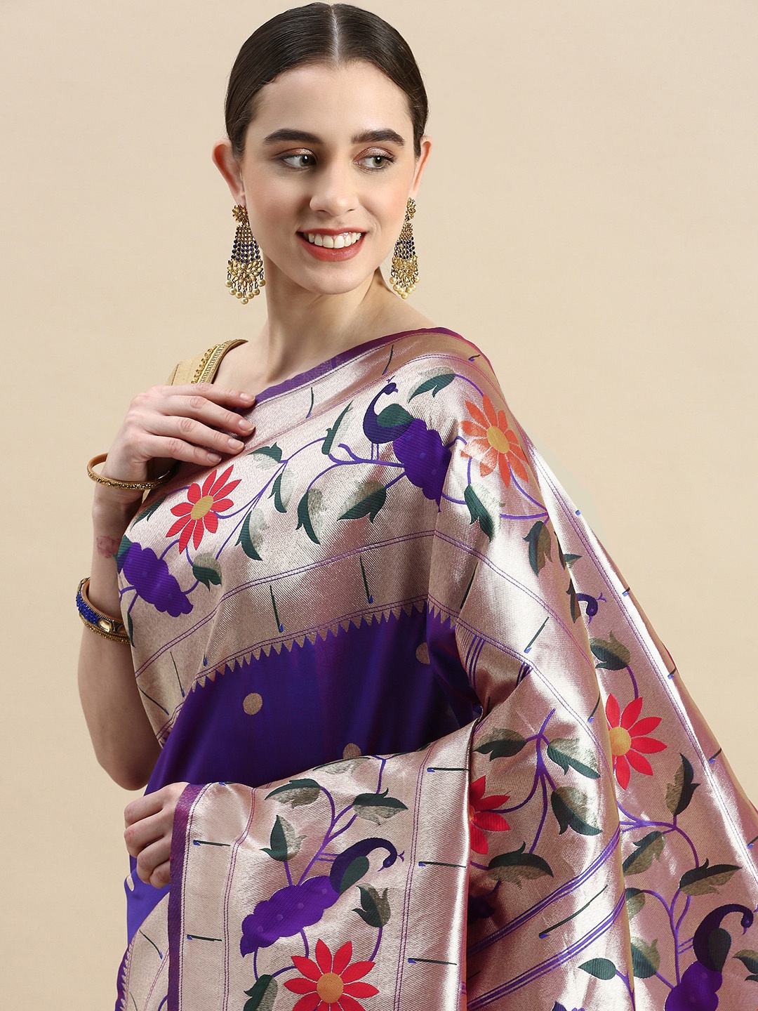 

VISHNU WEAVES Woven Design Ethnic Motifs Zari Pure Silk Banarasi Saree, Purple