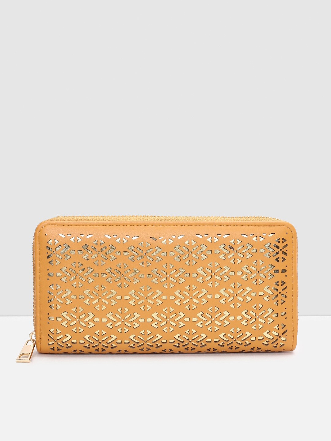 

max Women Geometric Textured PU Zip Around Wallet, Mustard