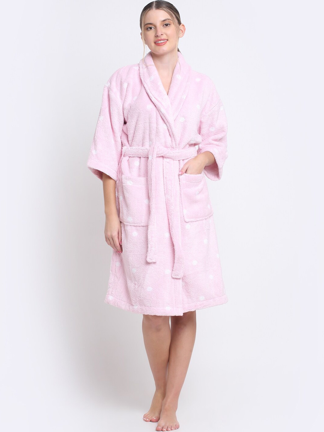 

MYTRIDENT Pink Polka Dot Textured Bathrobe