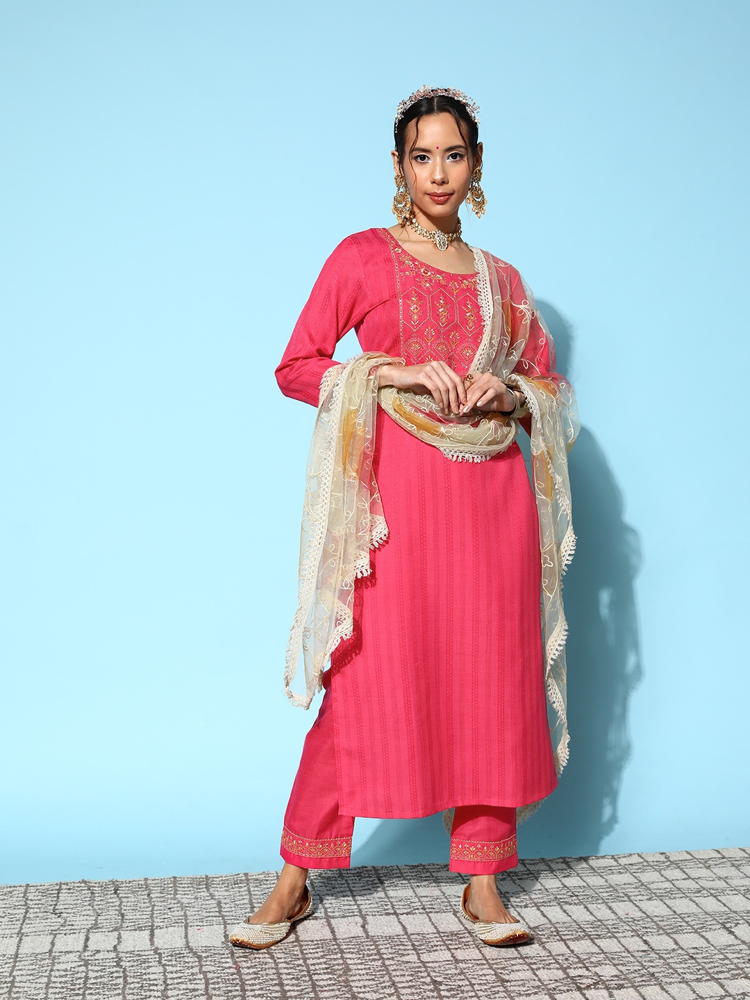 

SheWill Women Pink Floral Embroidered Sequinned Kurta with Trousers & With Dupatta