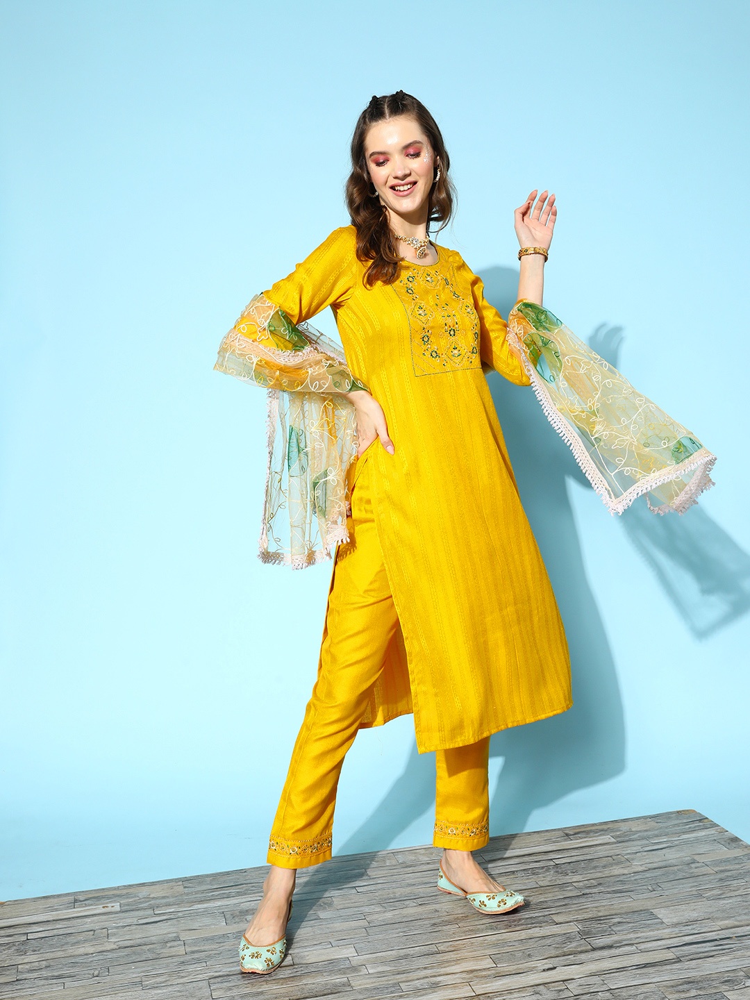 

SheWill Women Yellow Floral Embroidered Sequinned Kurta with Trousers & With Dupatta