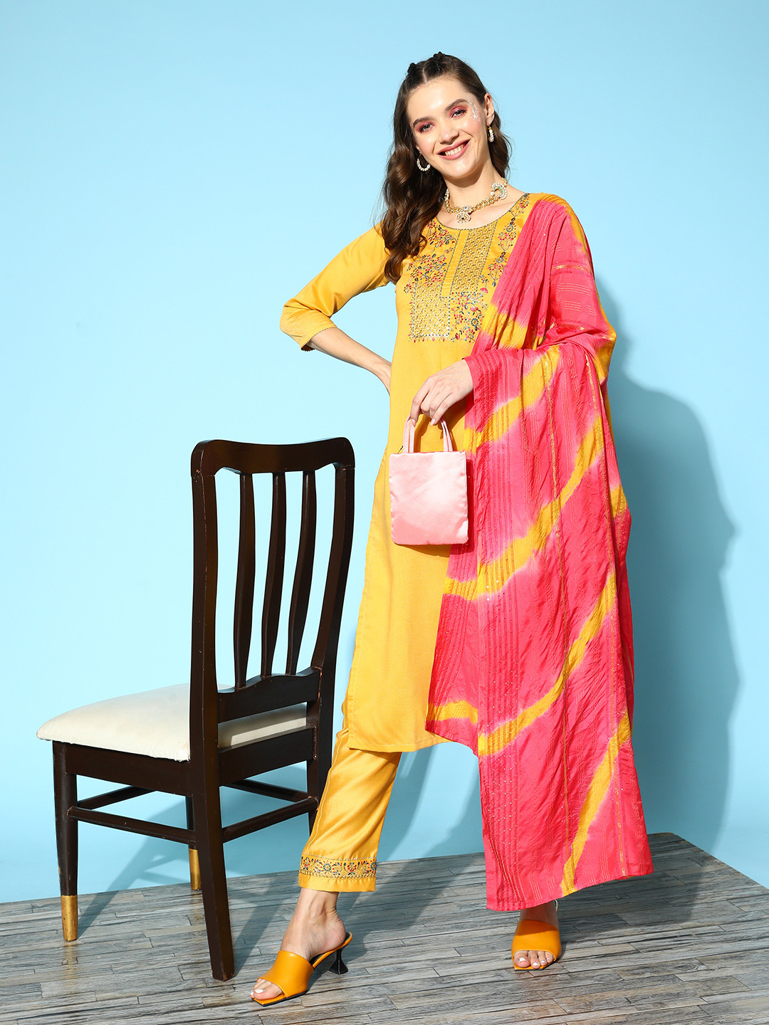 

SheWill Floral Embroidered Sequinned Kurta with Trousers & With Dupatta, Yellow
