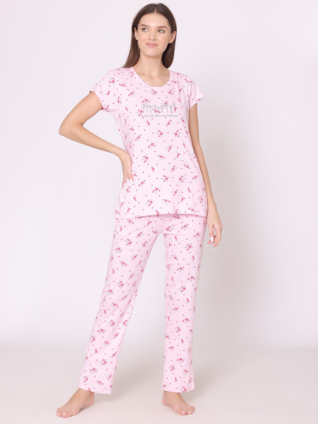 

Bodycare Women Printed Pure Cotton Night suit, Pink