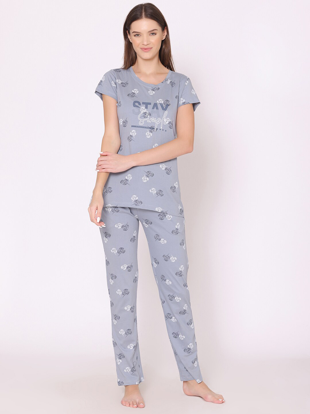 

Bodycare Women Printed Pure Cotton Night suit, Grey
