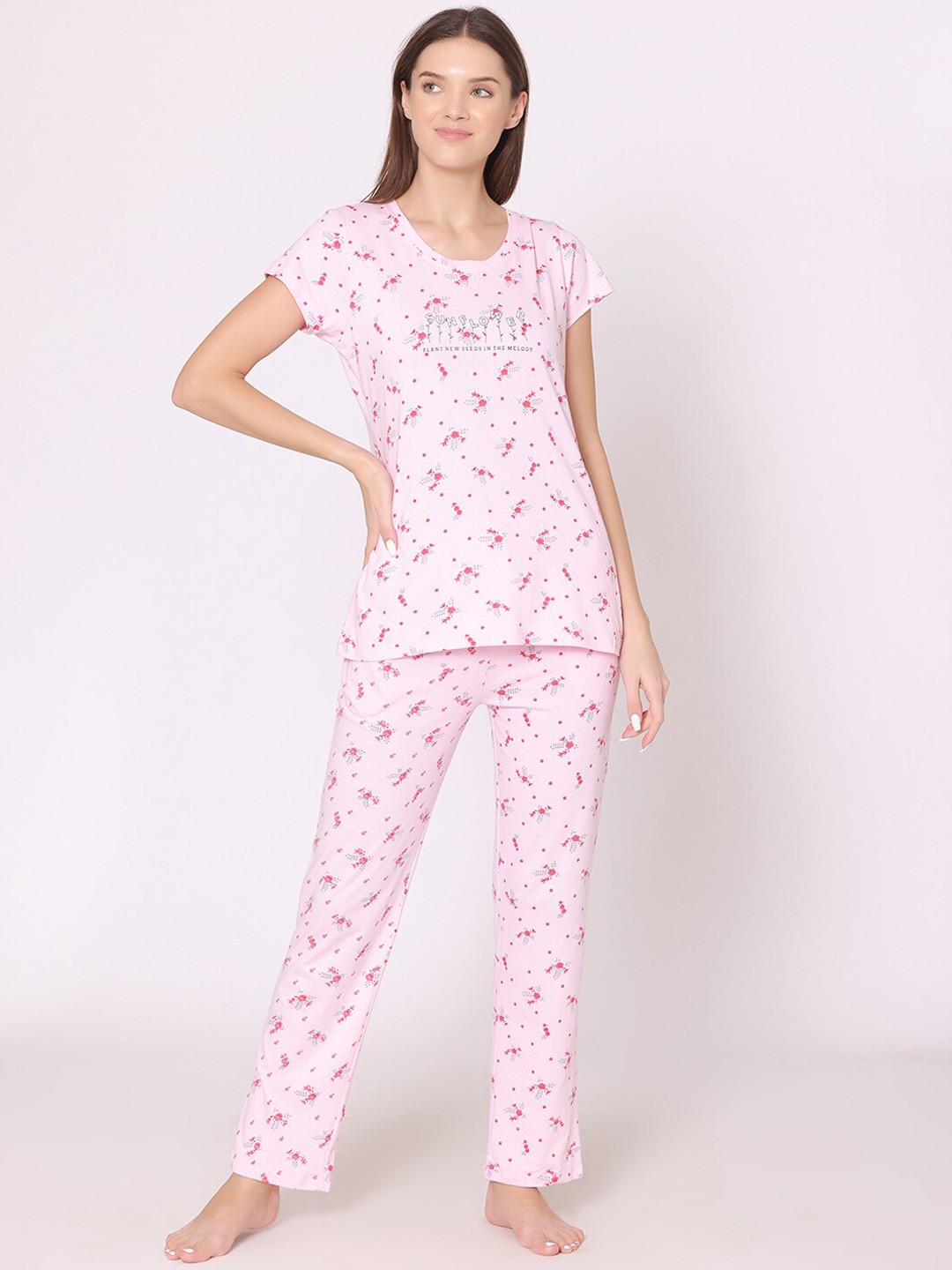 

Bodycare Women Printed Pure Cotton Night suit, Pink