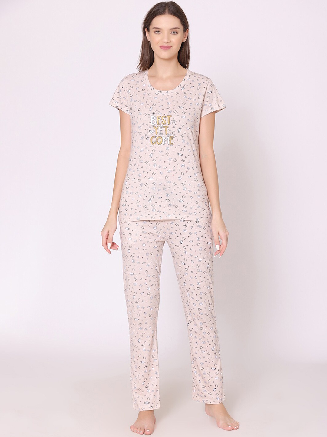 

Bodycare Women Printed Pure Cotton Night suit, Beige