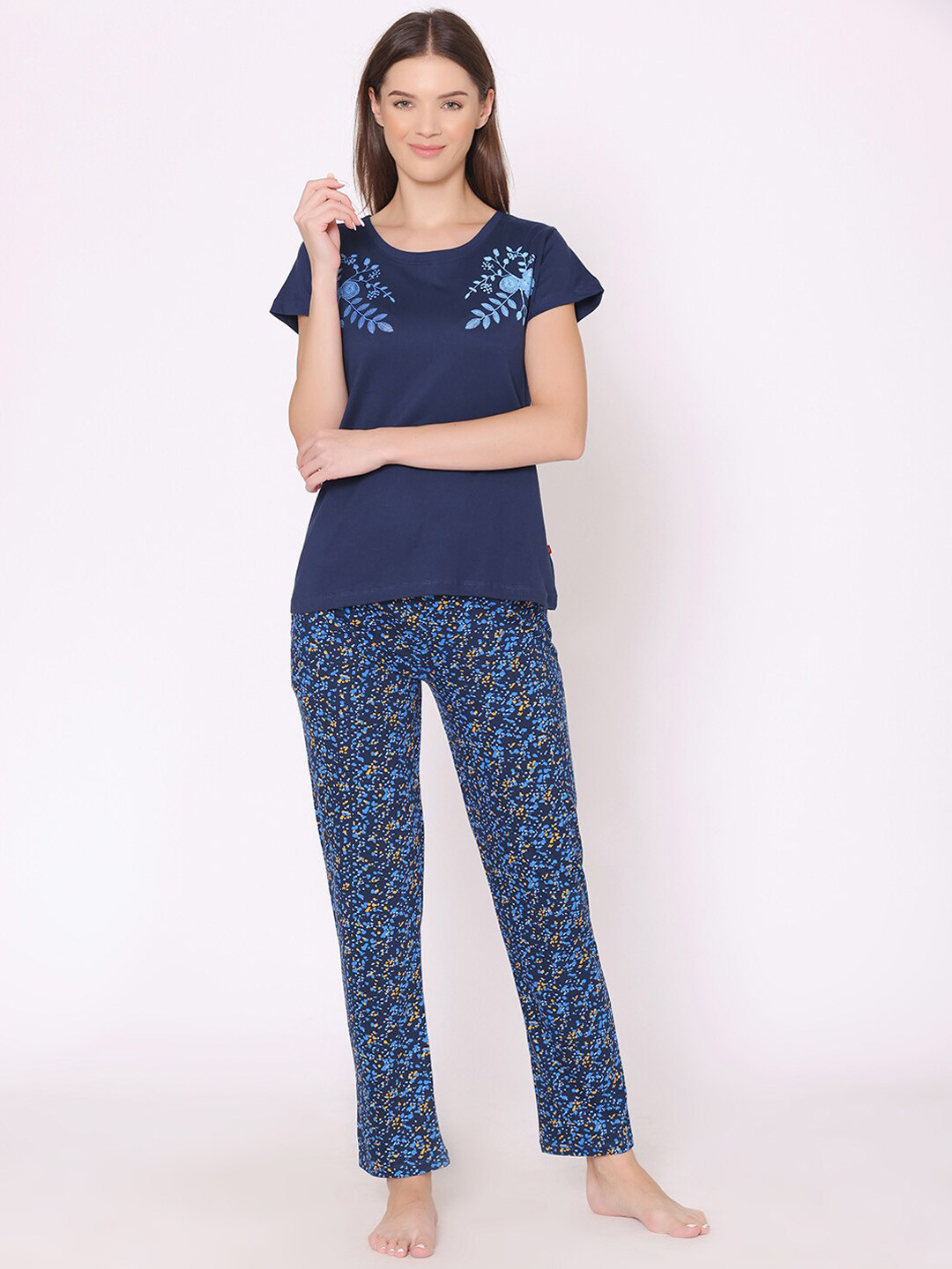

Bodycare Women Printed Pure Cotton Night suit, Navy blue