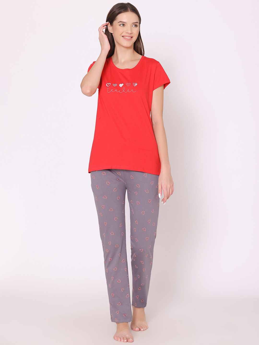 

Bodycare Women Printed Pure Cotton Night suit, Red