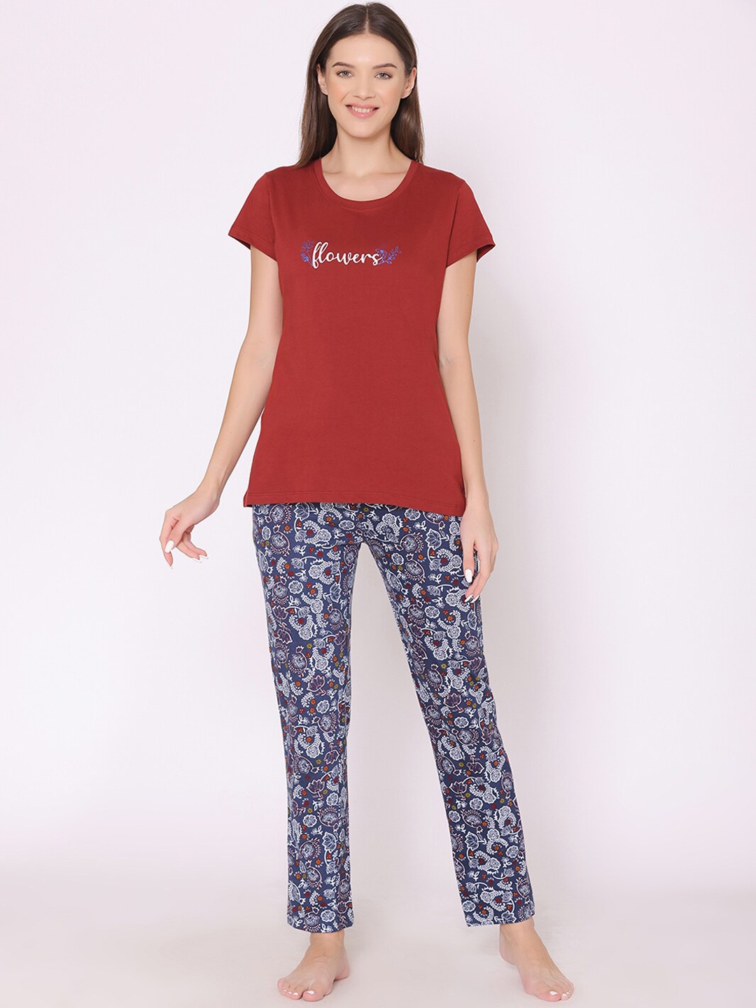 

Bodycare Women Printed Pure Cotton Night suit, Maroon