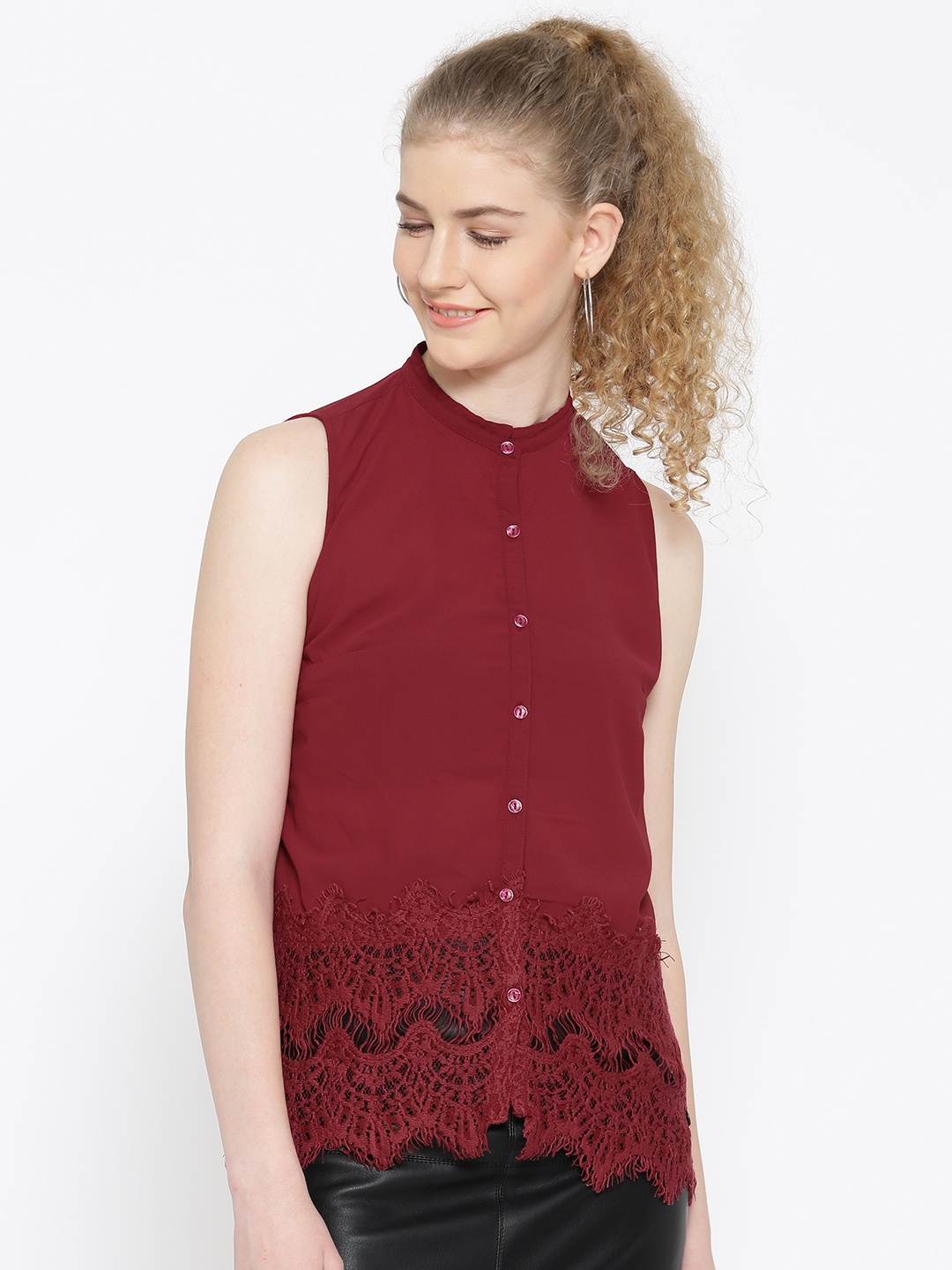 

Pepe Jeans Women Maroon Self Design Shirt-Style Top