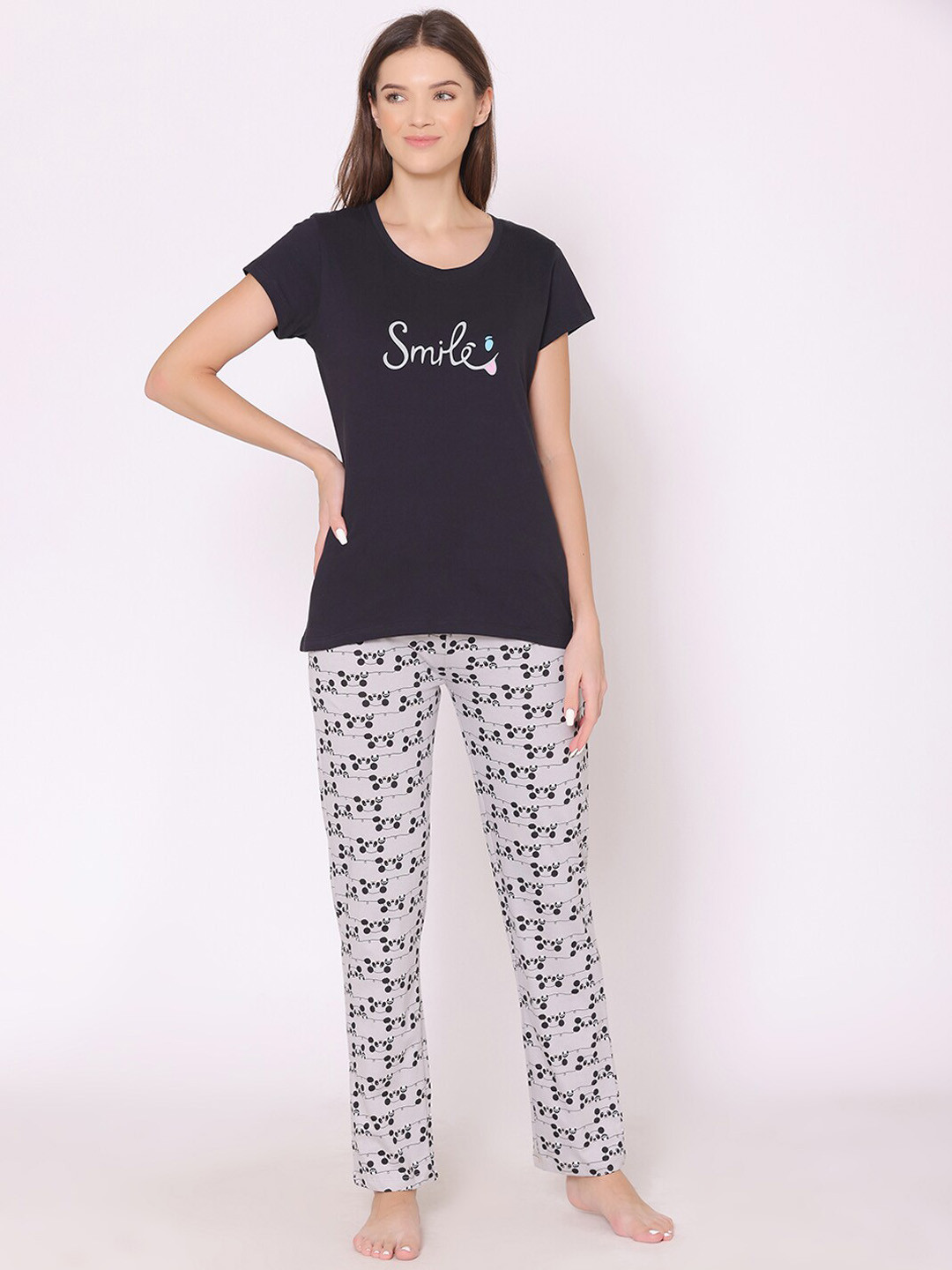 

Bodycare Women Printed Pure Cotton Night suit, Black