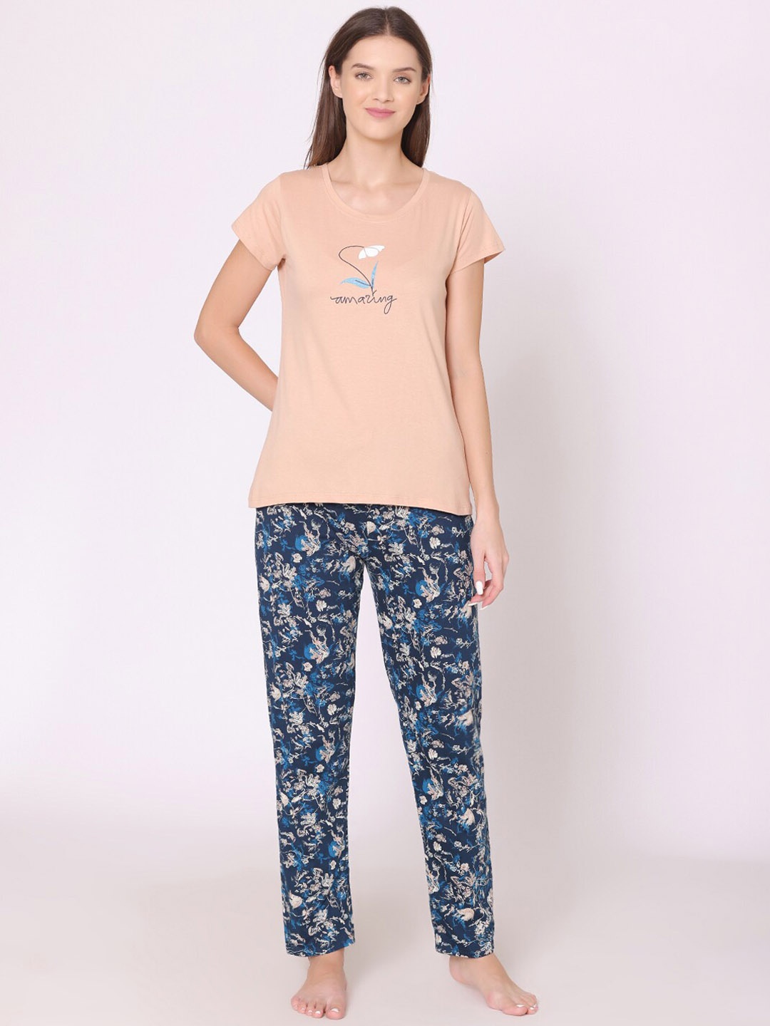 

Bodycare Women Printed Pure Cotton Night suit, Peach