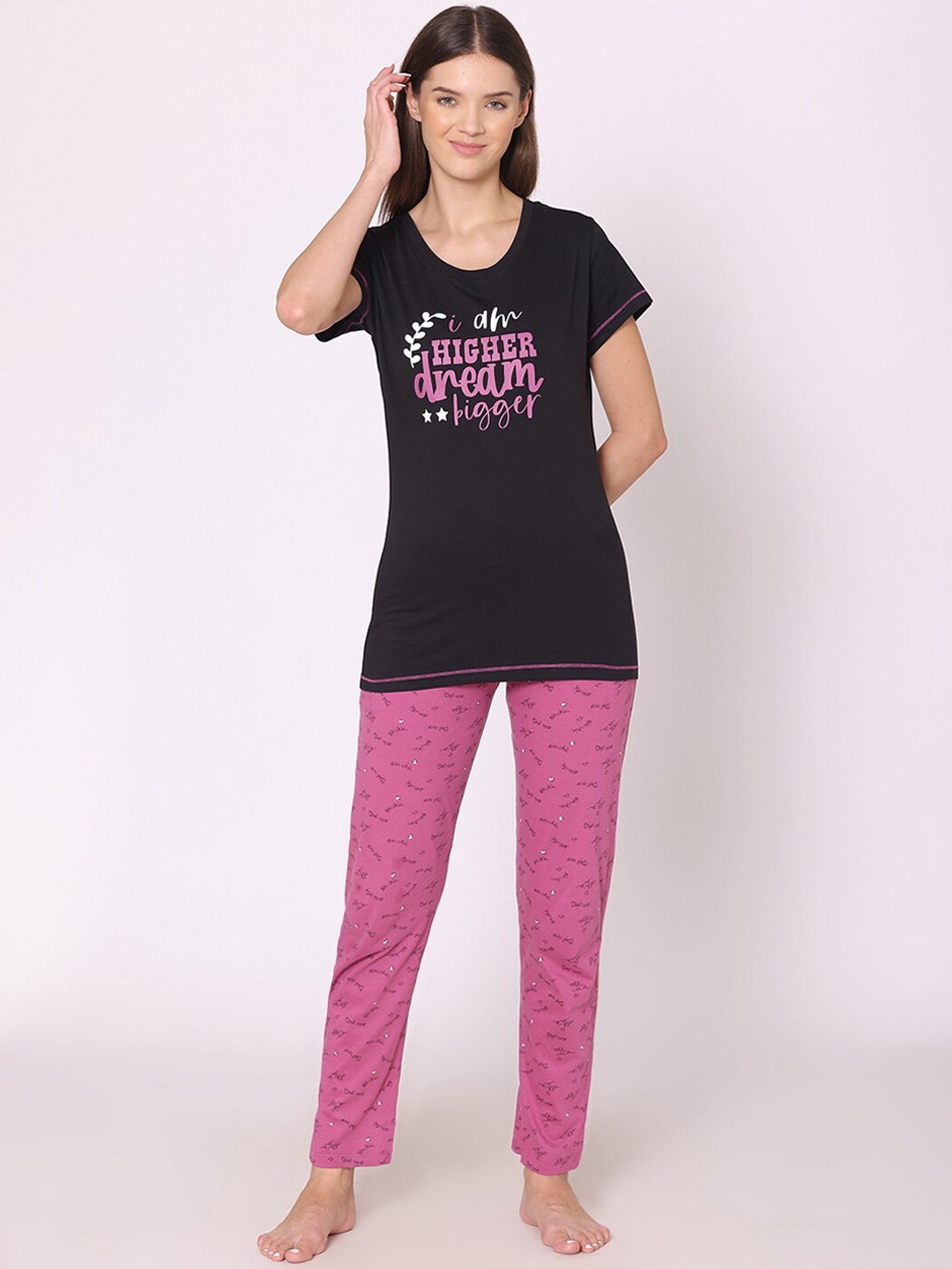 

Bodycare Women Typography Printed Pure Cotton Night suit, Black