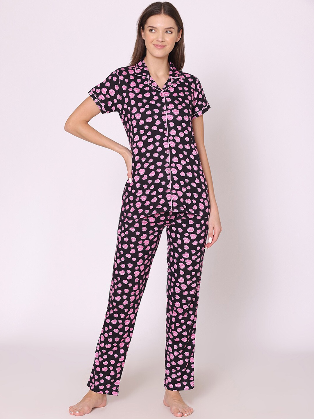 

Bodycare Women Printed Pure Cotton Night suit, Black