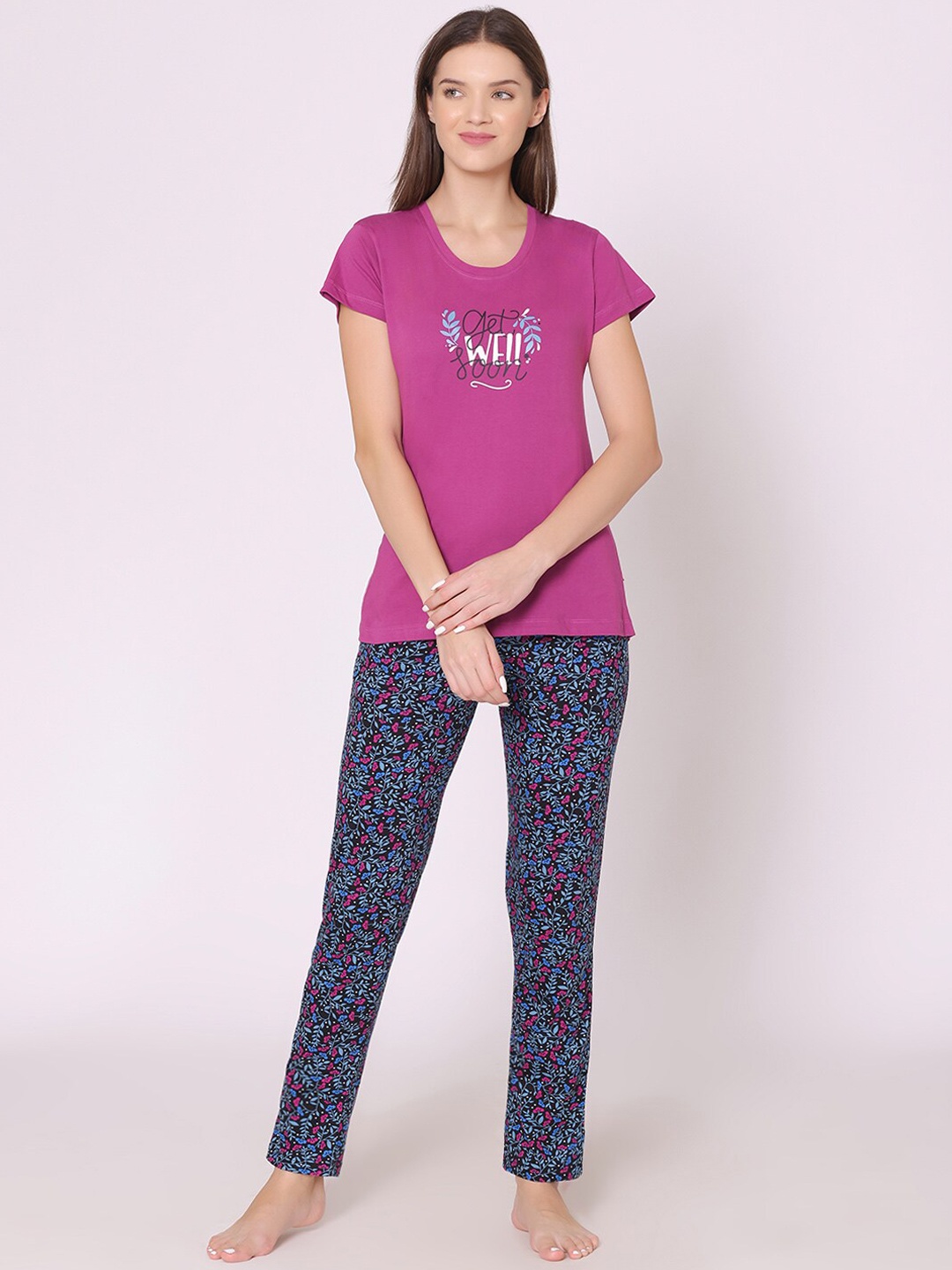

Bodycare Women Floral Printed Pure Cotton Night suit, Purple