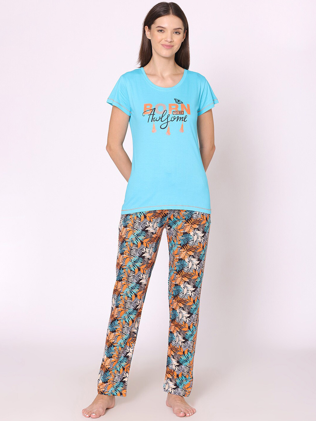 

Bodycare Women Printed Pure Cotton Night suit, Turquoise blue