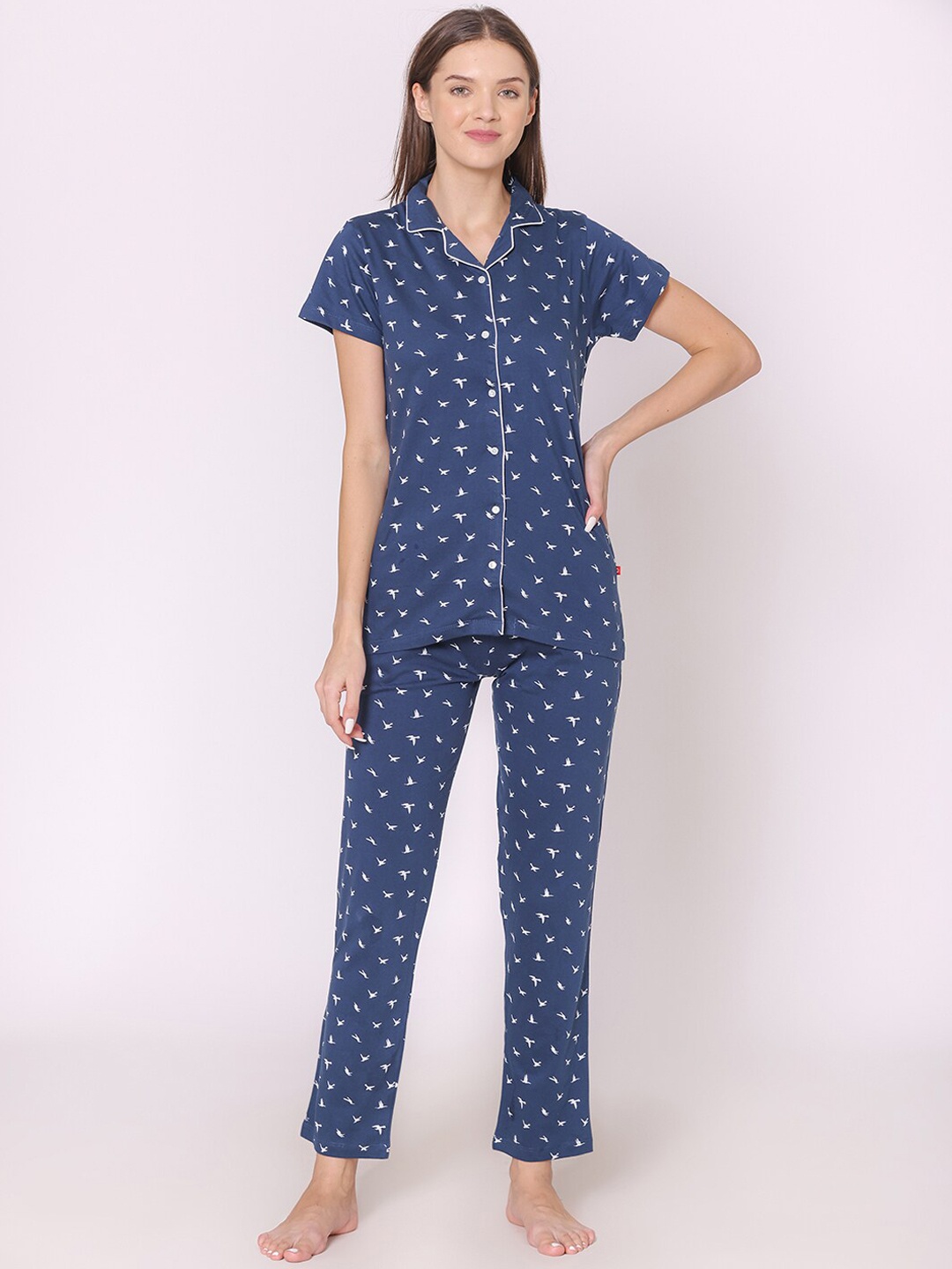 

Bodycare Women Printed Pure Cotton Night suit, Navy blue