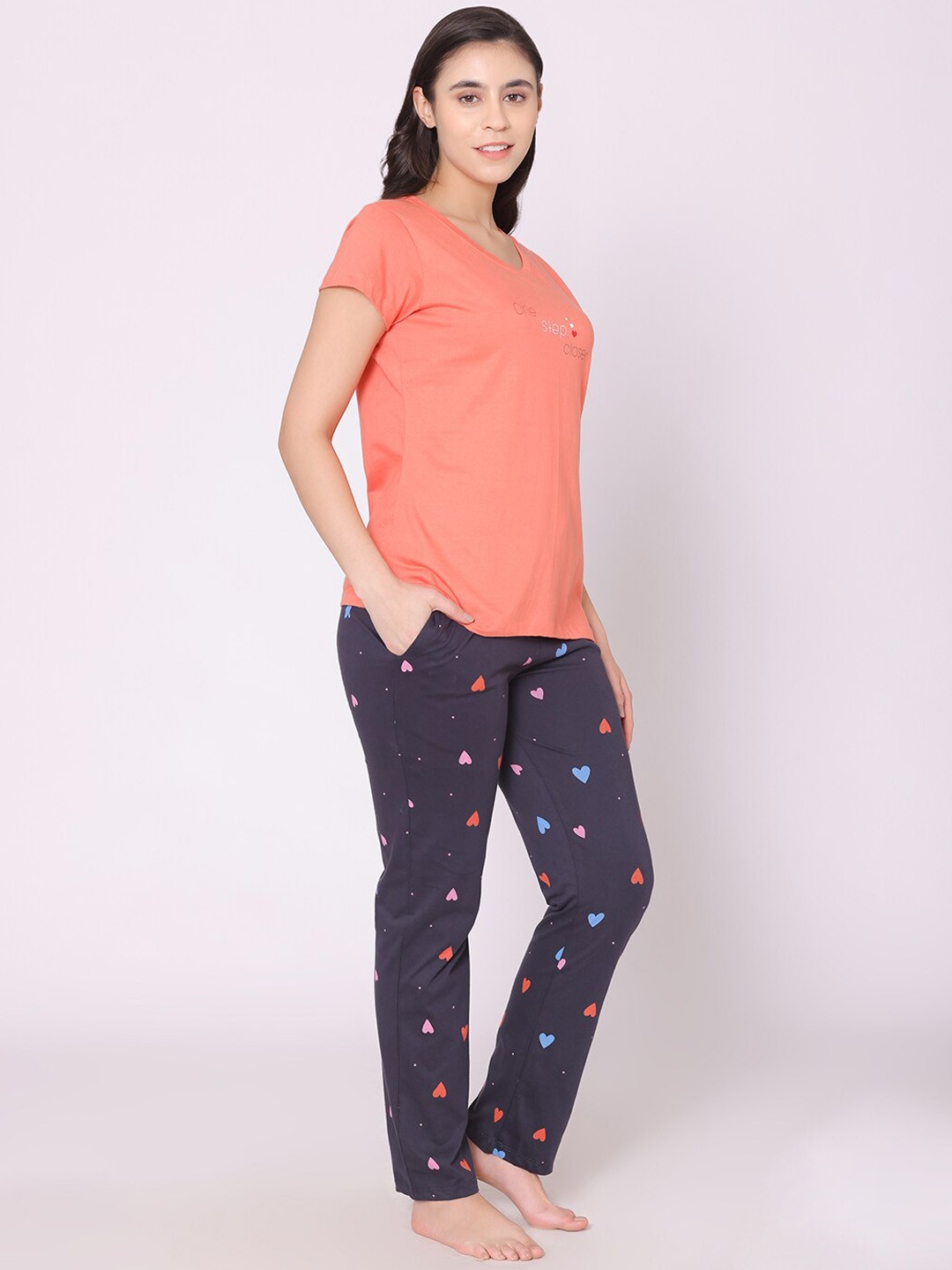 

Bodycare Women Printed Pure Cotton Night suit, Peach